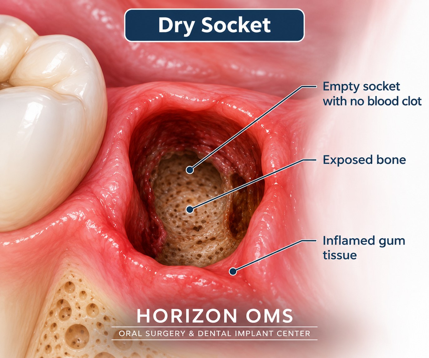 Labeled illustration of dry socket showing the three hallmark clinical findings: an empty socket with no blood clot, exposed alveolar bone, and inflamed surrounding gum tissue