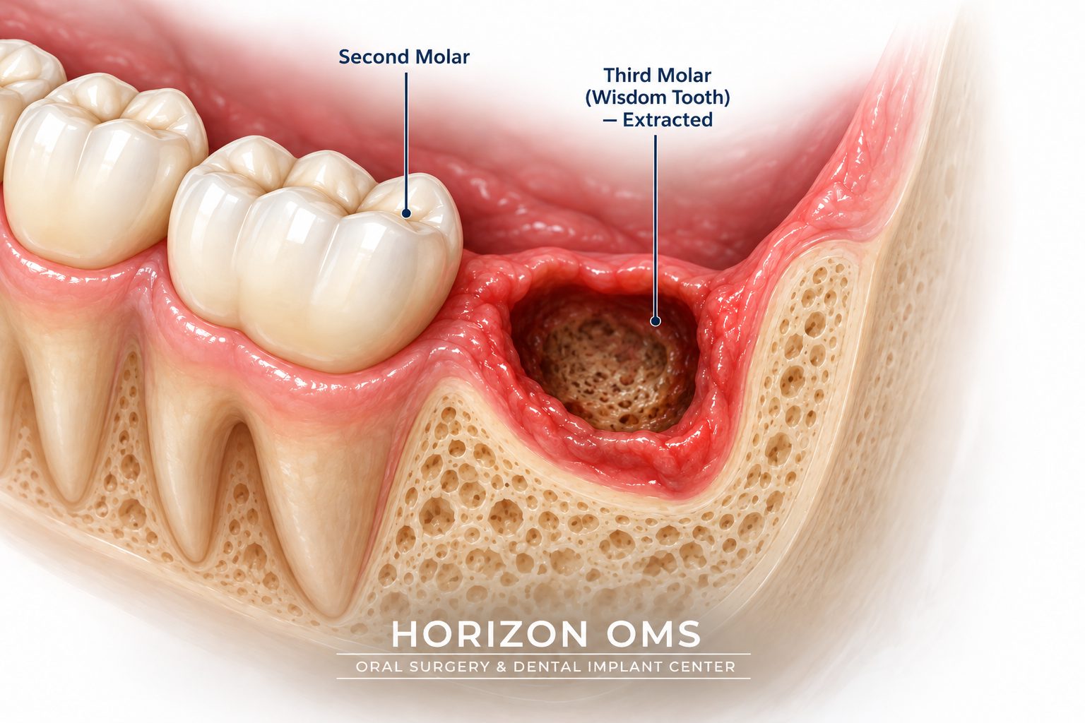 Dry socket at a lower third molar extraction site — exposed alveolar bone visible in the empty socket adjacent to a healthy second molar; anatomical cross-section illustration by Horizon OMS of Chicago